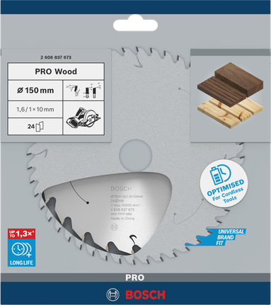 PRO Wood cordless Circular Saw Blade, 150 x 1.6 x 10 mm, T24 PRO Wood cordless Circular Saw Blade, 150 x 1.6 x 10 mm, T24