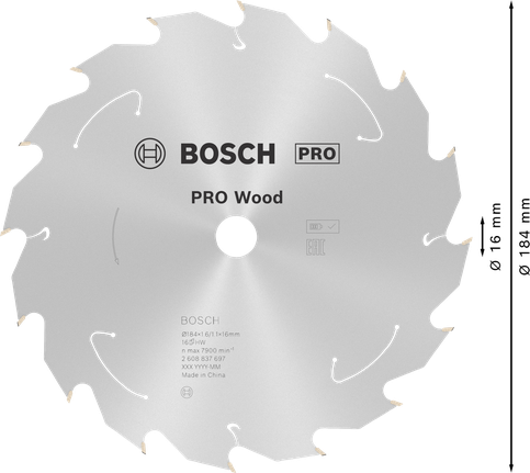 PRO Wood cordless Circular Saw Blade, 184 x 1.6 x 16 mm, T16 PRO Wood cordless Circular Saw Blade, 184 x 1.6 x 16 mm, T16